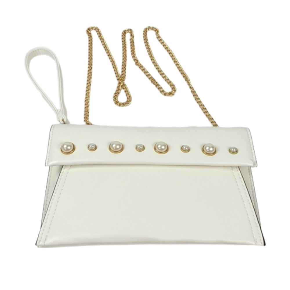 Pearl Clutch White Cream Purse Handbag w/ Gold Chain